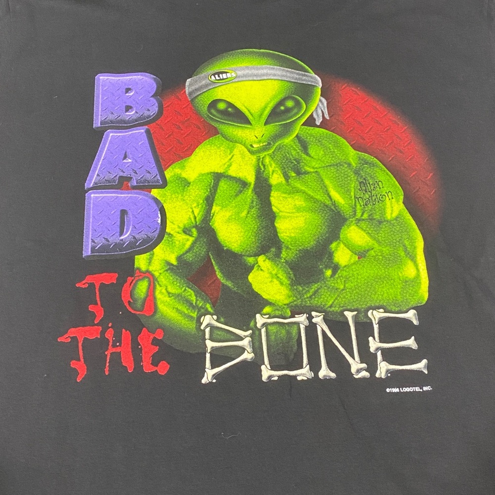 Bad to the Bone Black Graphic Tee with Alien XL Single Stitch 1996 Logotel